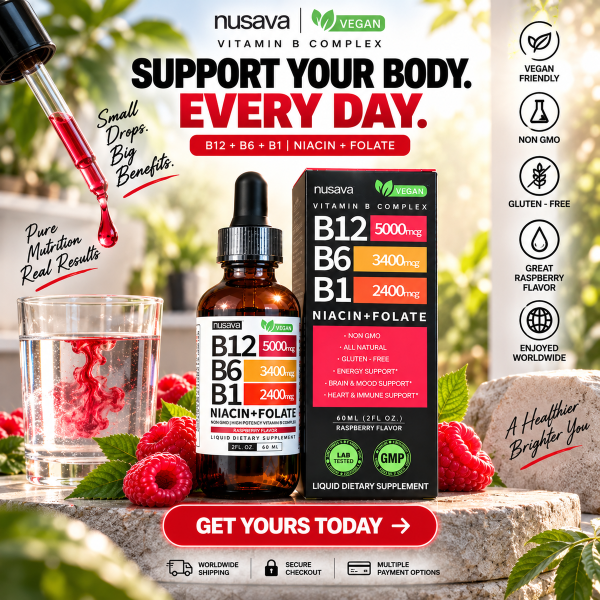Suplemento líquido de complejo B de CARAMELA BEAUTY USA para energía máxima y claridad mental.