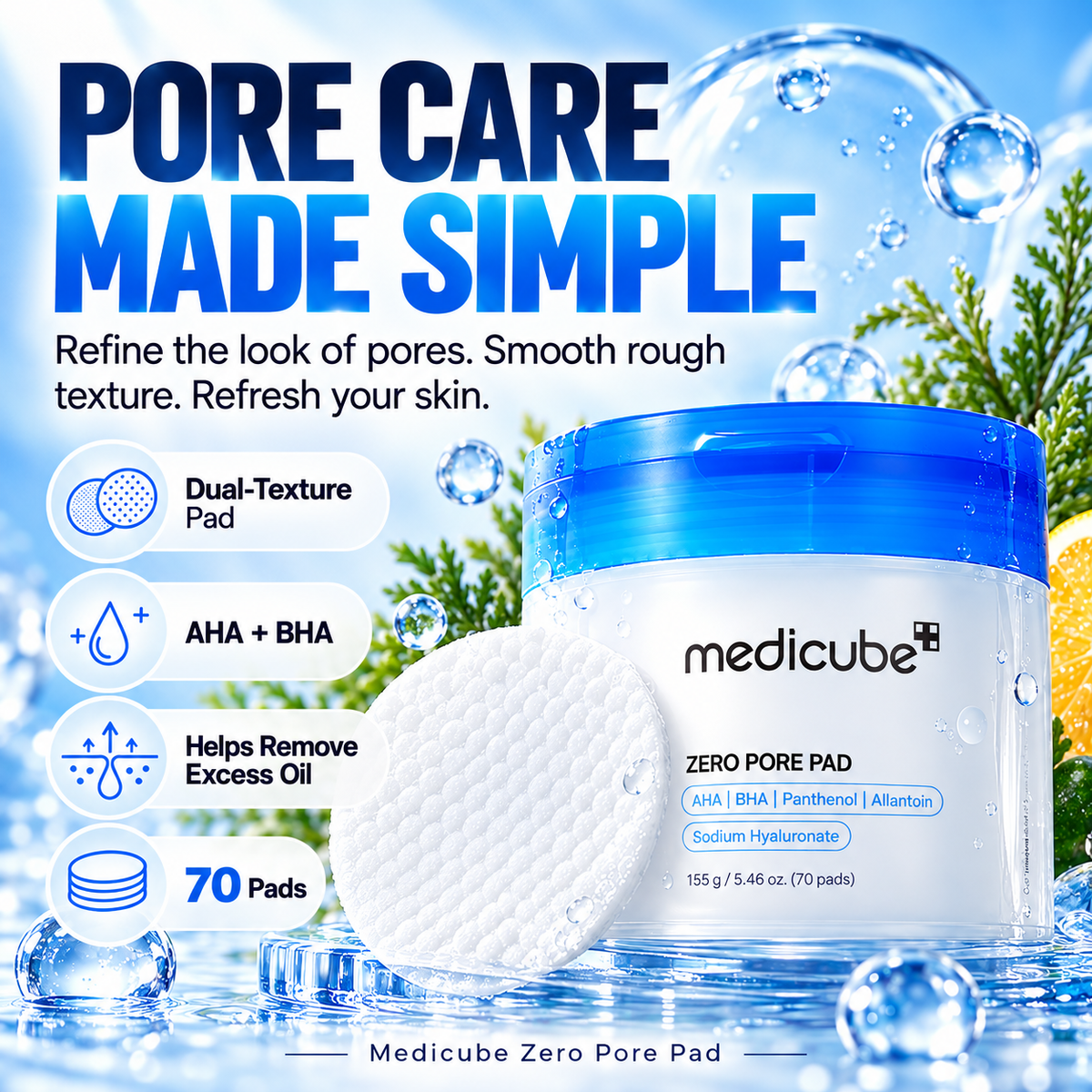 Medicube Zero Pore Pad – 70 Dual-Textured Exfoliating Toner Pads with AHA & BHA for Pores, Oily Skin & Smooth Texture