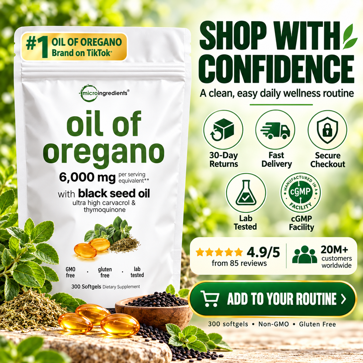 Oil of Oregano with Black Seed Oil – Daily Immune Support, 20:1 Potent Extract, 6,000 mg Equivalent | 300 Softgels