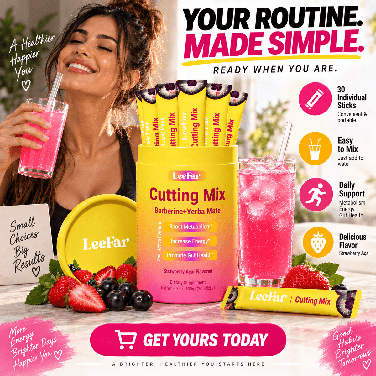 LeeFar Cutting Mix con berberina y yerba mate, suplemento en polvo sabor Strawberry Açaí.