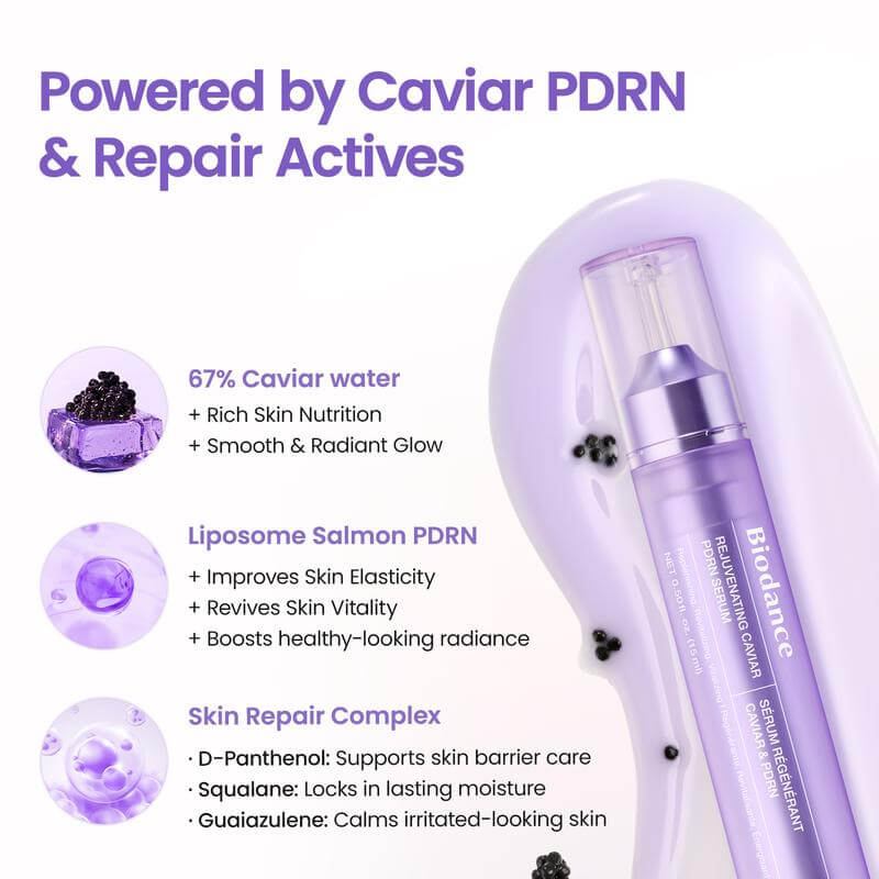 Suero rejuvenecedor de caviar PDRN de CARAMELA BEAUTY USA, frasco con gotero, para mejorar la piel y potenciar su brillo natural.