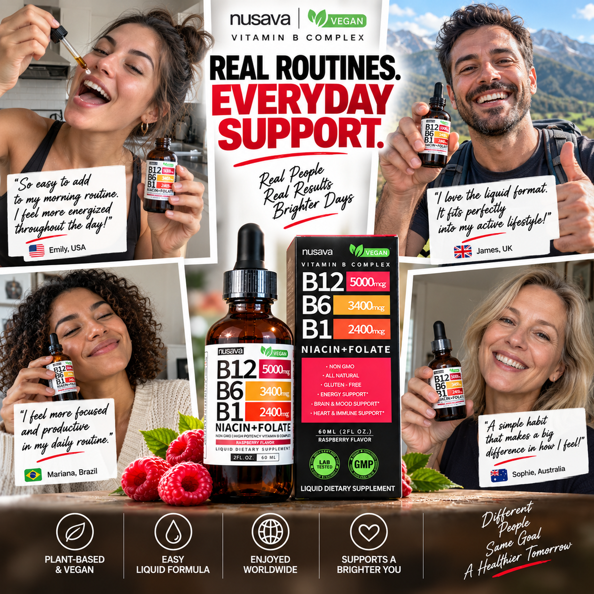 Suplemento líquido de complejo B para energía y claridad mental, de la marca CARAMELA BEAUTY USA, con B12, B6 y B1.