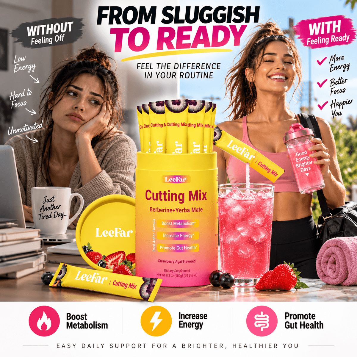 LeeFar Cutting Mix con berberina y yerba mate, suplemento en polvo sabor Strawberry Açaí.