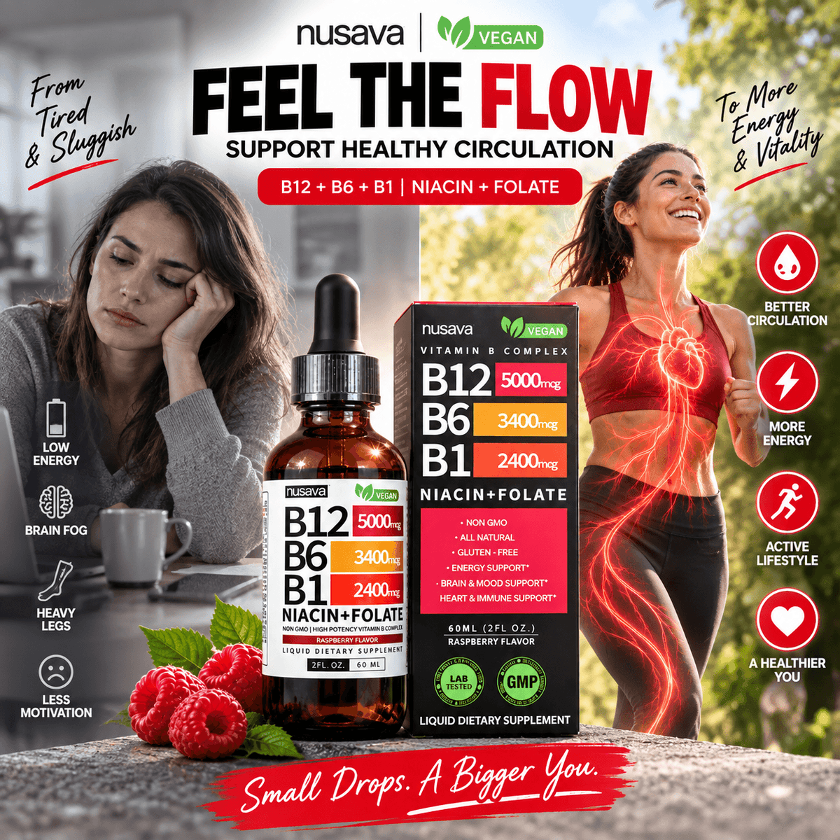 Suplemento líquido de complejo B de CARAMELA BEAUTY USA para energía máxima y claridad mental, con B12, B6 y B1.