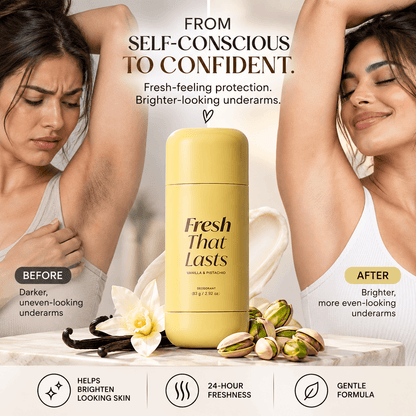 Perfume Fresh That Lasts™ de CARAMELA BEAUTY USA con fragancia de vainilla y pistacho, mostrando el frasco y la etiqueta.