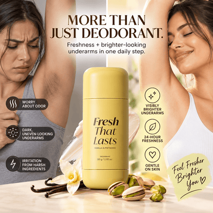 Fragancia de CARAMELA BEAUTY USA Fresh That Lasts™ Vanilla y Pistacho, aroma dulce y duradero, visible en la botella.