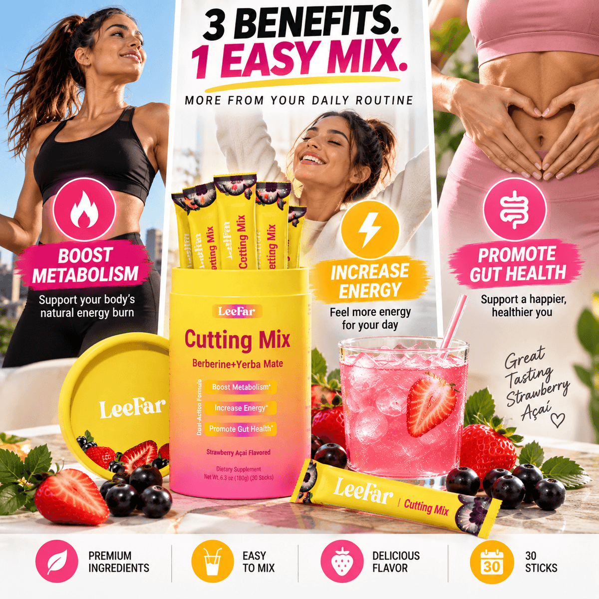 LeeFar Cutting Mix con berberina y yerba mate, suplemento en polvo sabor Strawberry Açaí.