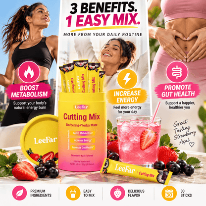 LeeFar Cutting Mix con berberina y yerba mate, suplemento en polvo sabor Strawberry Açaí.
