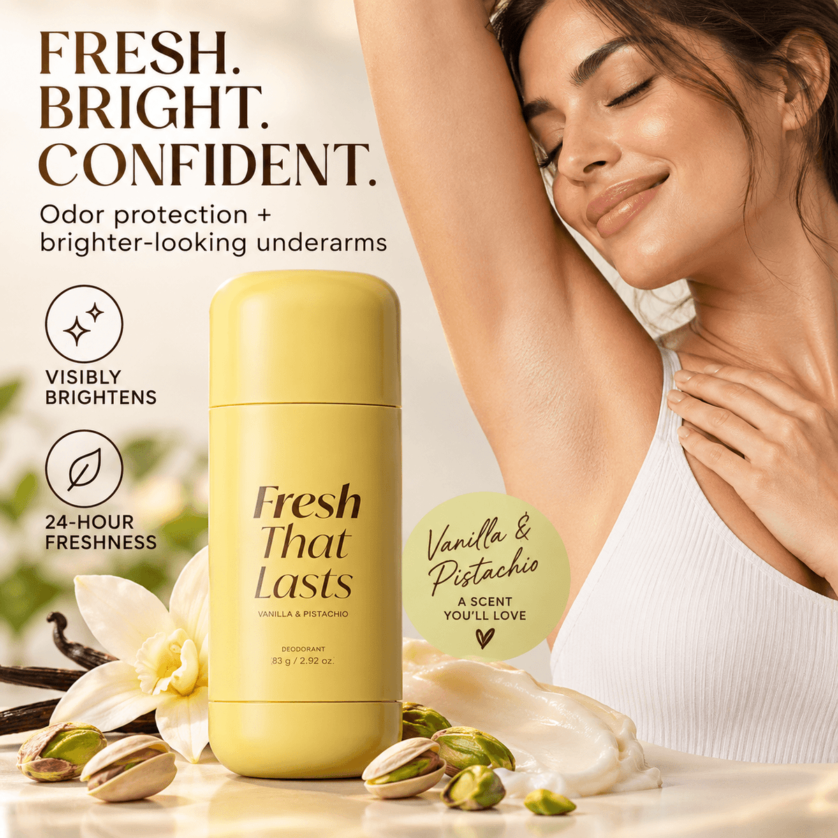 Perfume CARAMELA BEAUTY USA Fresh That Lasts™ con aroma de vainilla y pistacho en frasco de 4cc.