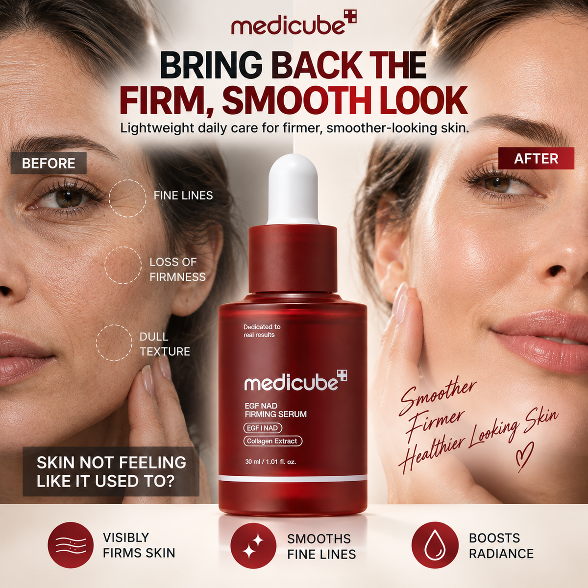 Medicube EGF NAD+ Firming Serum, sérum facial en frasco con gotero para rutina cosmética.
