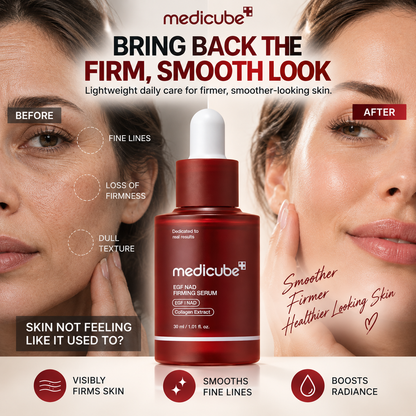 Medicube EGF NAD+ Firming Serum, sérum facial en frasco con gotero para rutina cosmética.