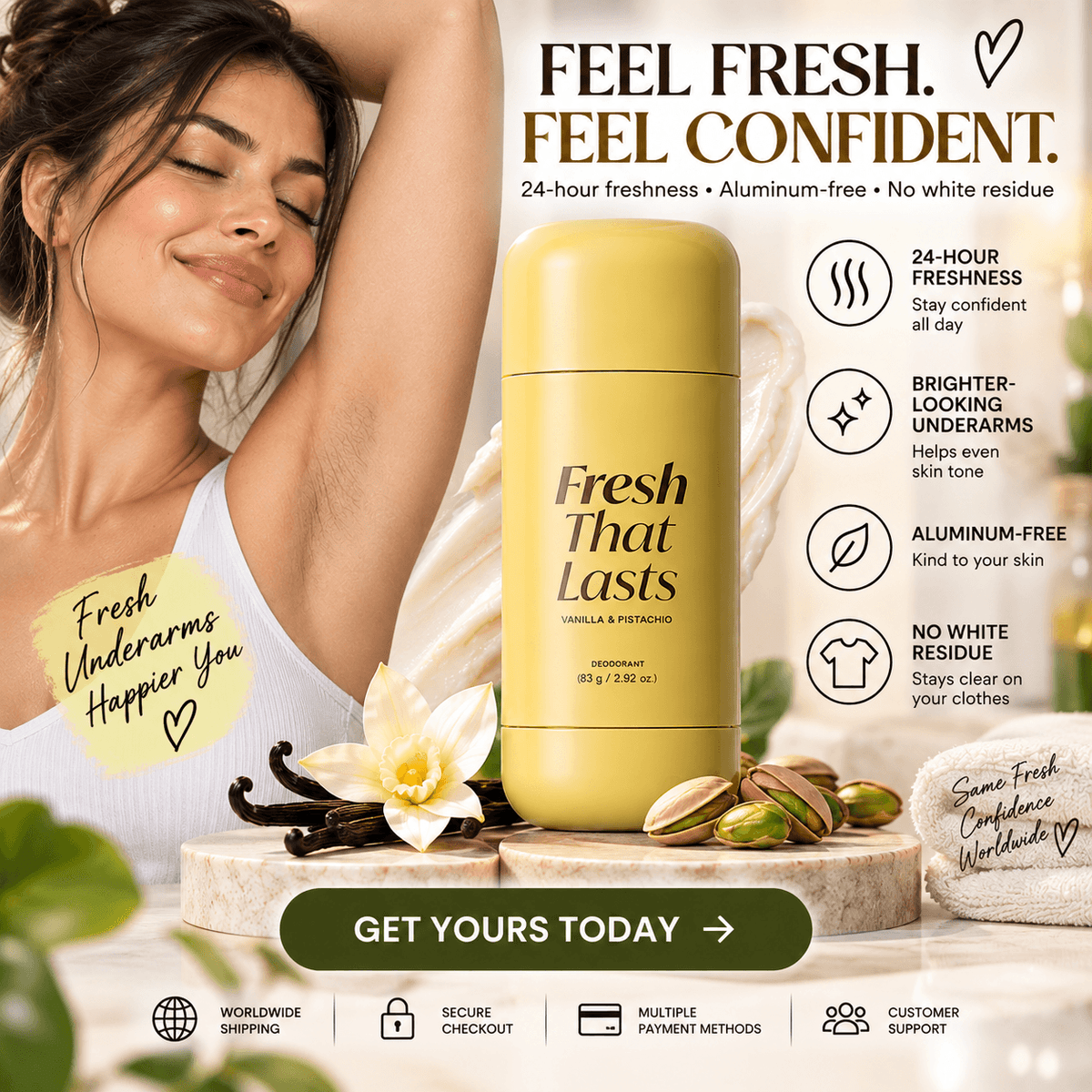 Fragancia Fresh That Lasts™ de vainilla y pistacho de CARAMELA BEAUTY USA en frasco con aroma dulce y duradero.