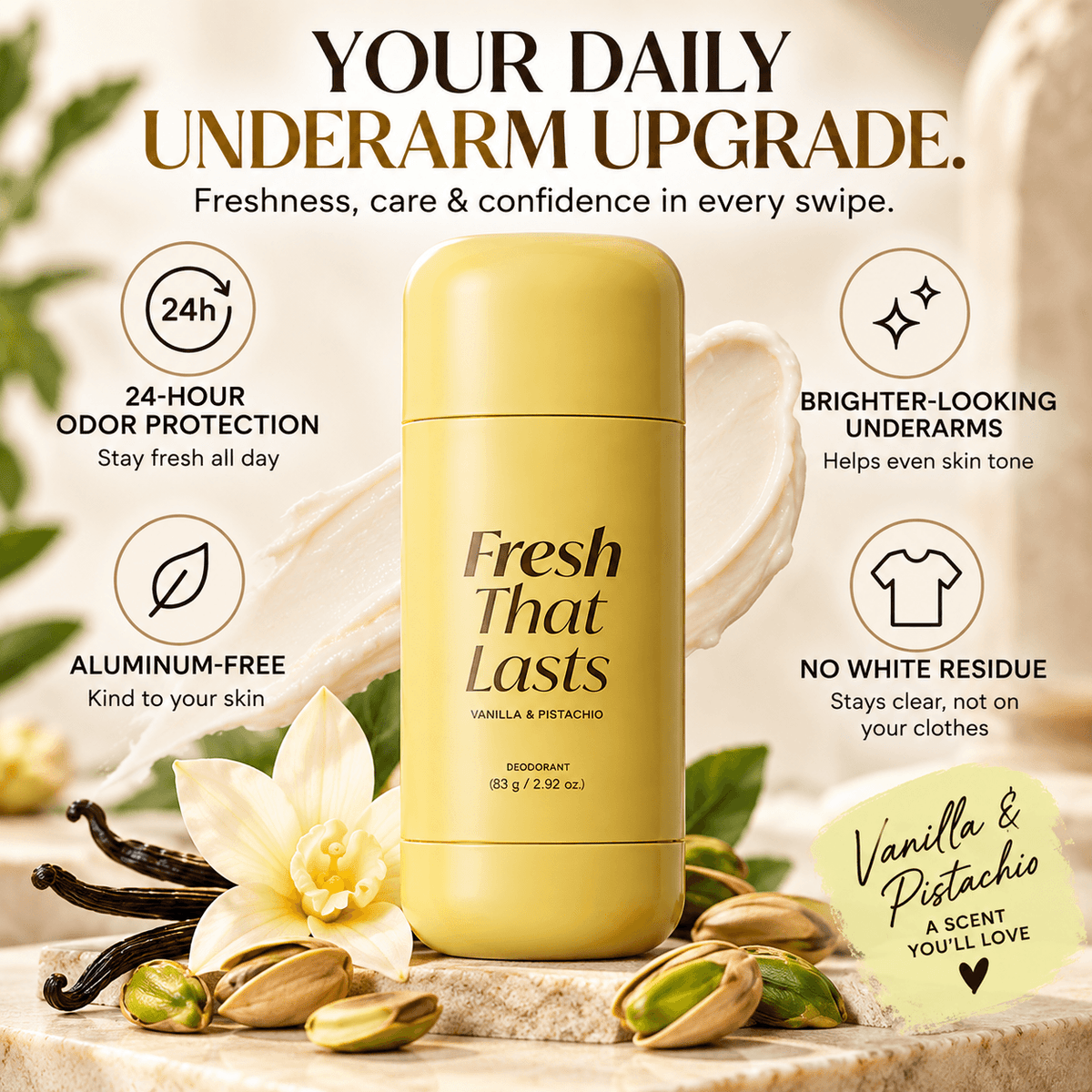 Fragancia Fresh That Lasts™ Vanilla y Pistacho de CARAMELA BEAUTY USA, botella con aroma dulce y fresco.