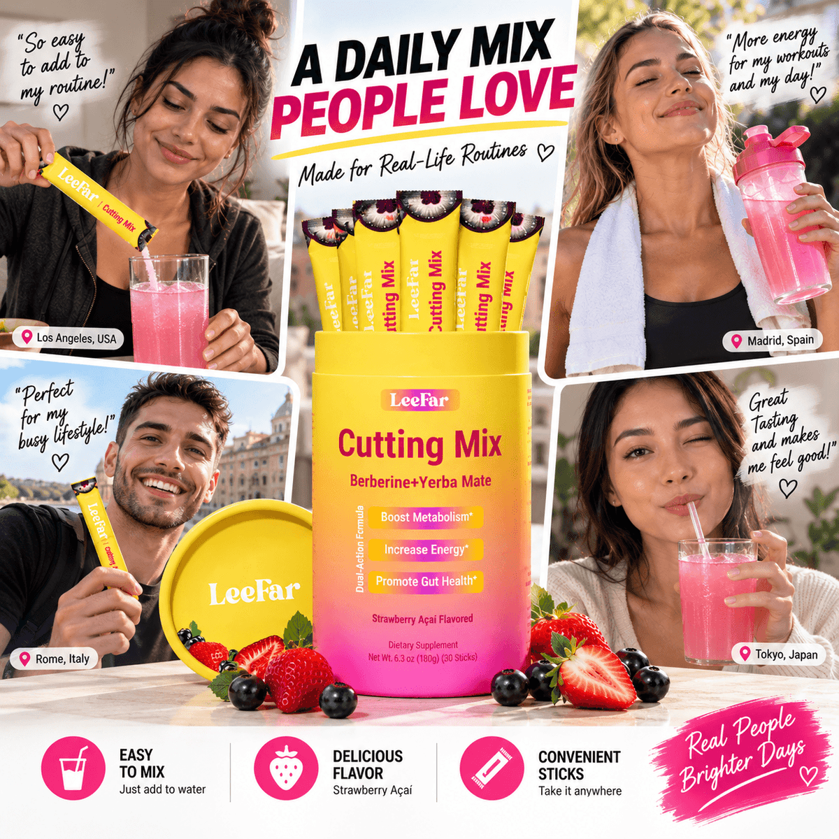 LeeFar Cutting Mix con berberina y yerba mate, suplemento en polvo sabor Strawberry Açaí.