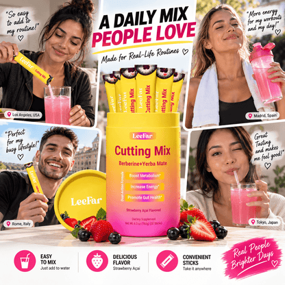 LeeFar Cutting Mix con berberina y yerba mate, suplemento en polvo sabor Strawberry Açaí.