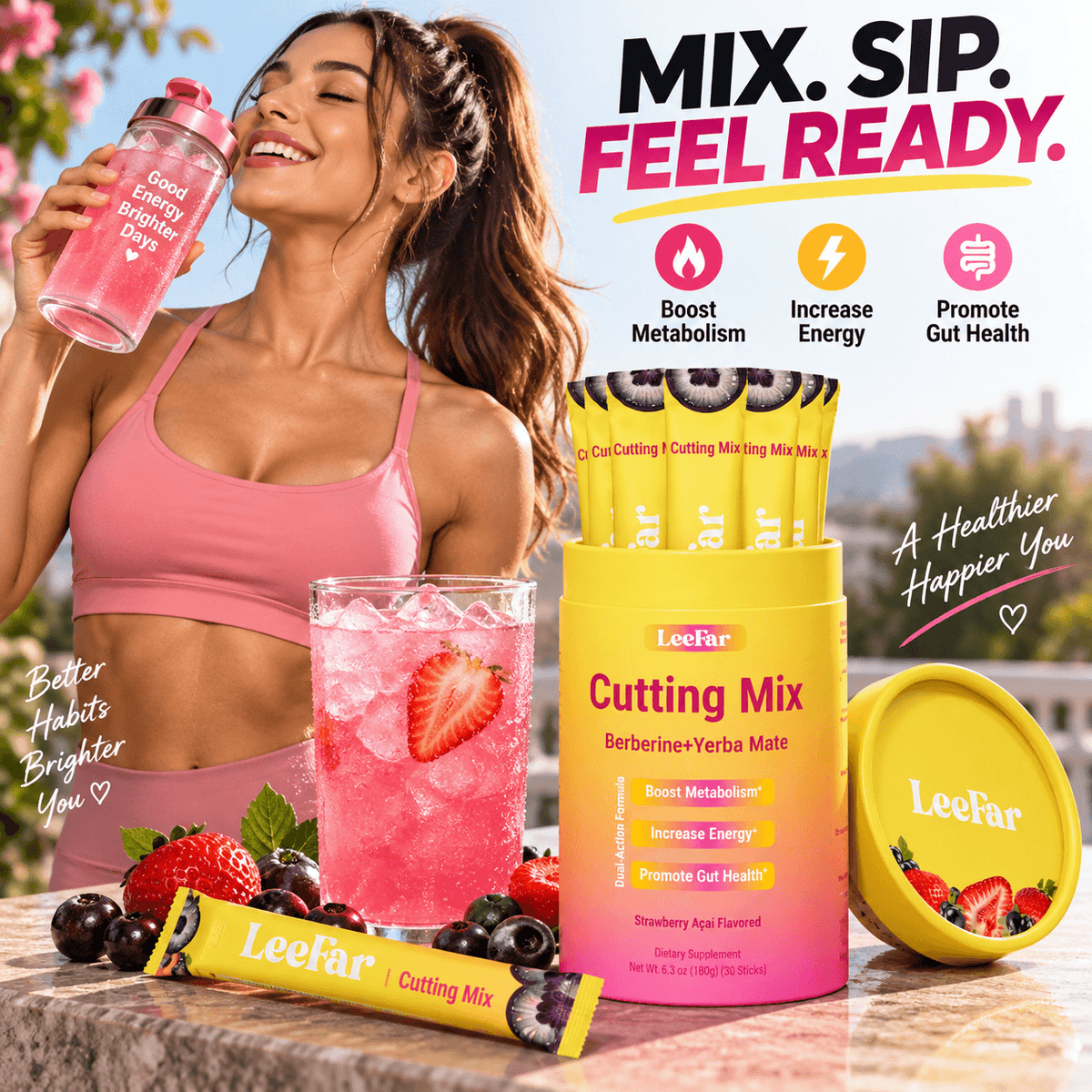 LeeFar Cutting Mix en polvo, presentación del producto sabor Strawberry Açaí en 30 sobres individuales.