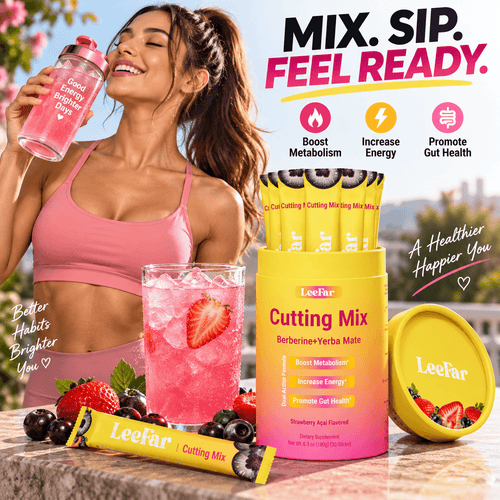 LeeFar Cutting Mix en polvo, presentación del producto sabor Strawberry Açaí en 30 sobres individuales.