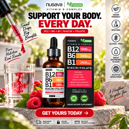 Suplemento líquido de complejo B de CARAMELA BEAUTY USA para energía máxima y claridad mental.