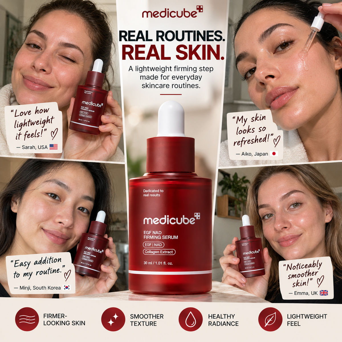 Medicube EGF NAD+ Firming Serum, sérum facial en frasco con gotero para rutina cosmética.