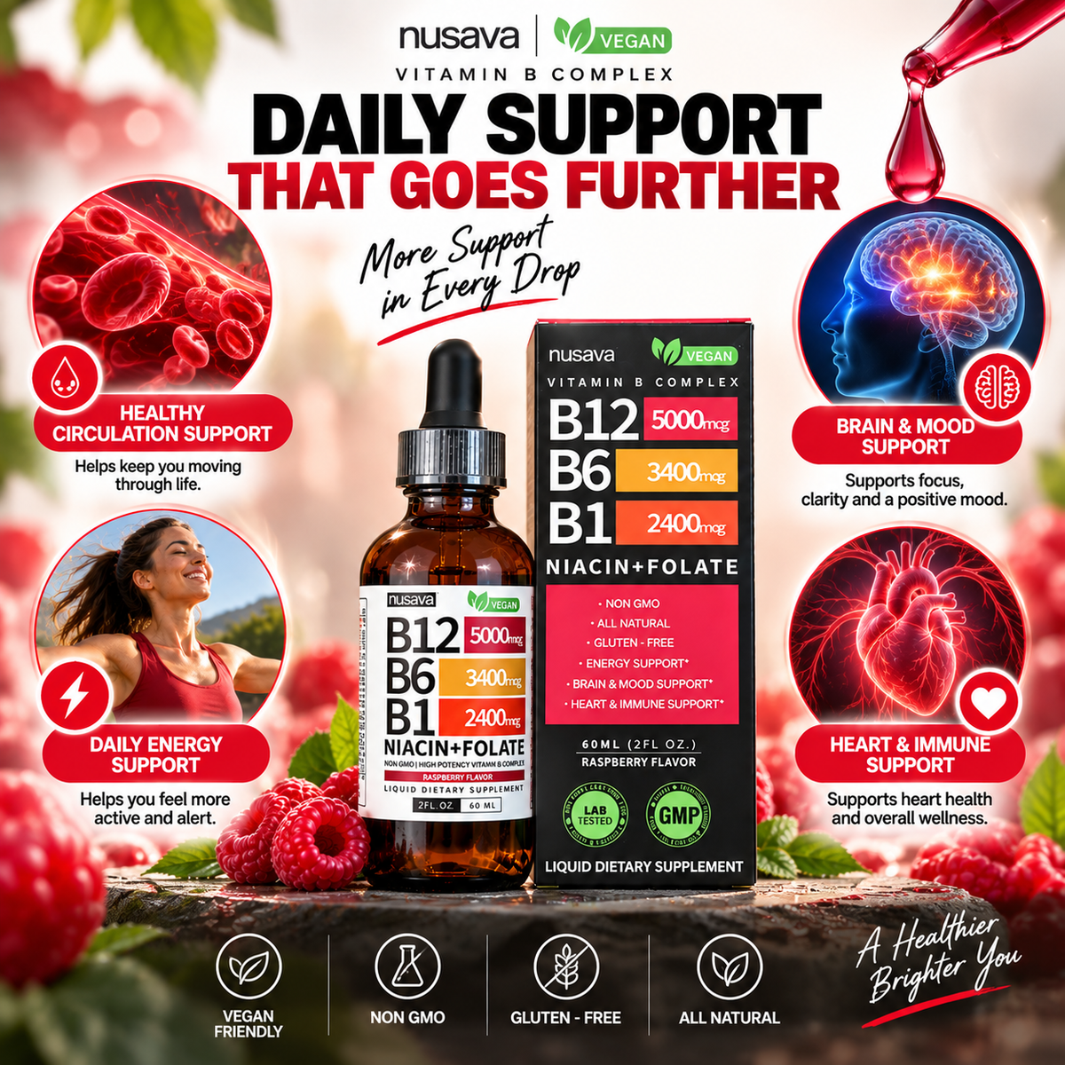 Suplemento líquido de complejo B Energy & Focus de CARAMELA BEAUTY USA, con B12, B6 y B1 para energía y claridad mental.