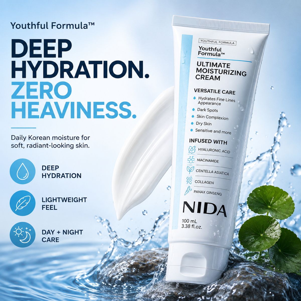 Crema hidratante NIDA Ultimate Moisturizing Cream de CARAMELA BEAUTY USA en frasco con textura cremosa y envase blanco.