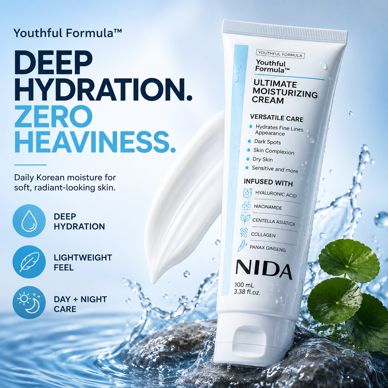 Crema hidratante NIDA Ultimate Moisturizing Cream de CARAMELA BEAUTY USA en frasco con textura cremosa y envase blanco.