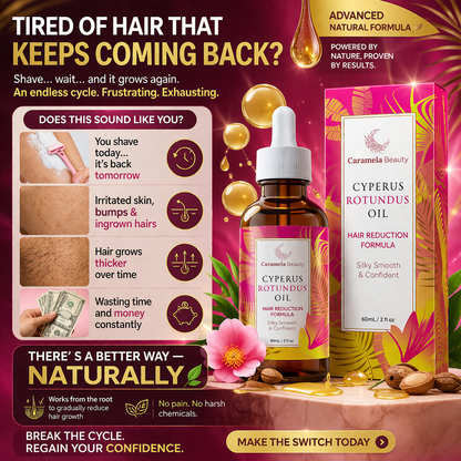 Aceite natural de CARAMELA BEAUTY USA para reducción capilar, con Cyperus Rotundus para cuidar el cabello y la piel.