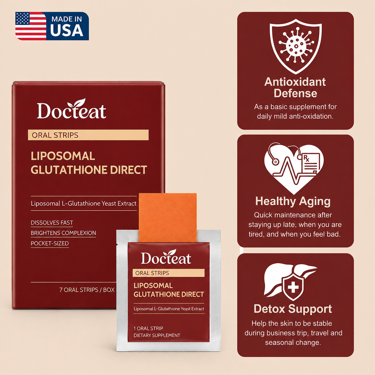 Suplemento de Glutatión liposomado de CARAMELA BEAUTY USA para brillo avanzado y apoyo antioxidante, con frascos y etiqueta visible.