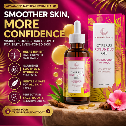 Aceite de Cyperus Rotundus de Caramela Beauty para reducción natural del vello en la piel, en frasco de 100 ml.