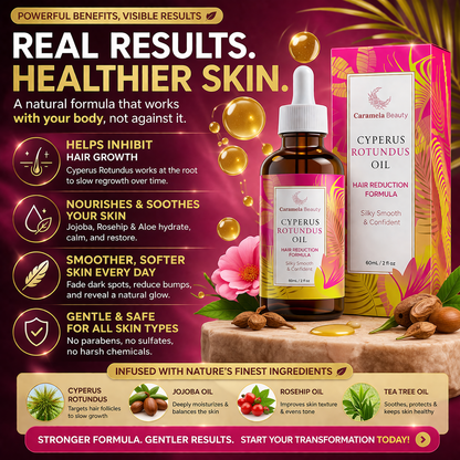 Aceite de Cyperus Rotundus de Caramela Beauty para reducción natural del vello en cabello y piel, en botella transparente.