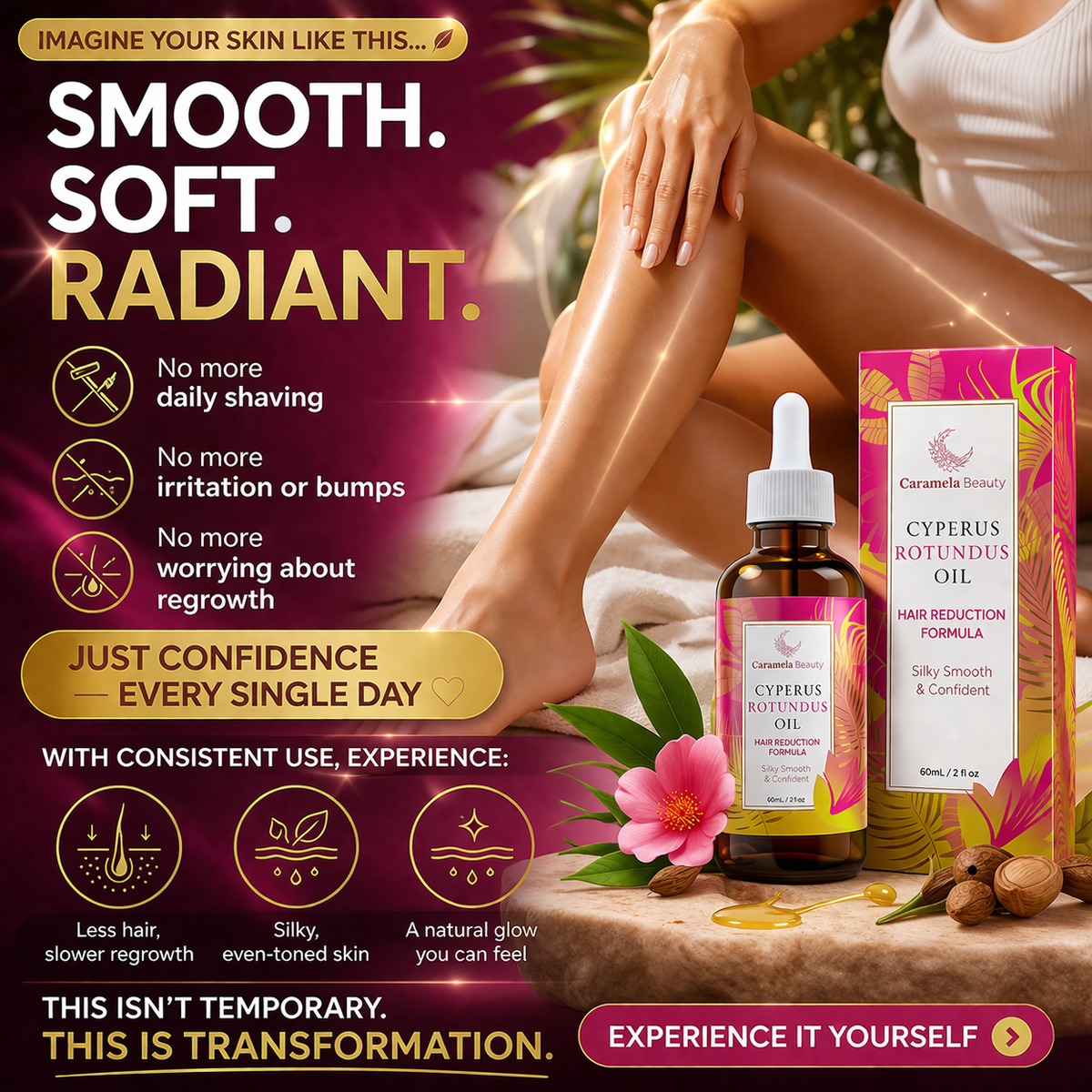Aceite de Ciperus Rotundus de Caramela Beauty para reducción de vello natural, frascos y aplicación en la piel en la imagen.