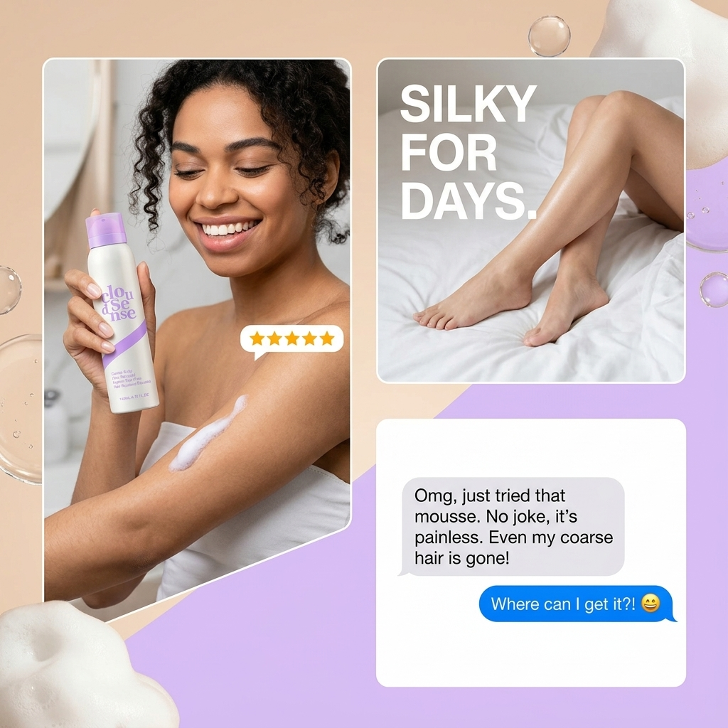 Espuma depilatoria Cloud Sense de CARAMELA BEAUTY USA para piel suave en minutos, con textura cremosa y fácil de aplicar.