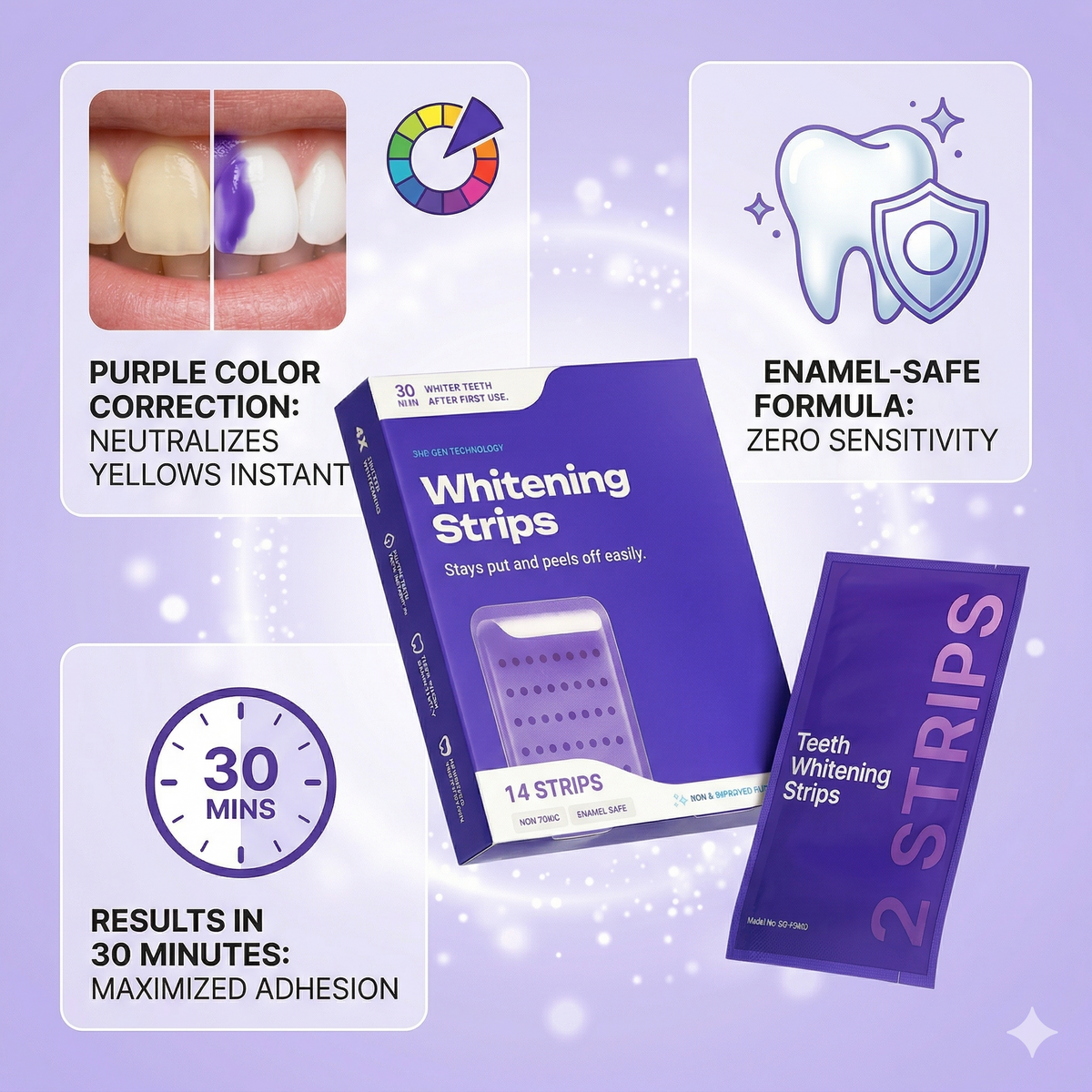 Tiras blanqueadoras de CARAMELA BEAUTY USA para sonreír más brillante en 30 minutos, visible en la imagen.