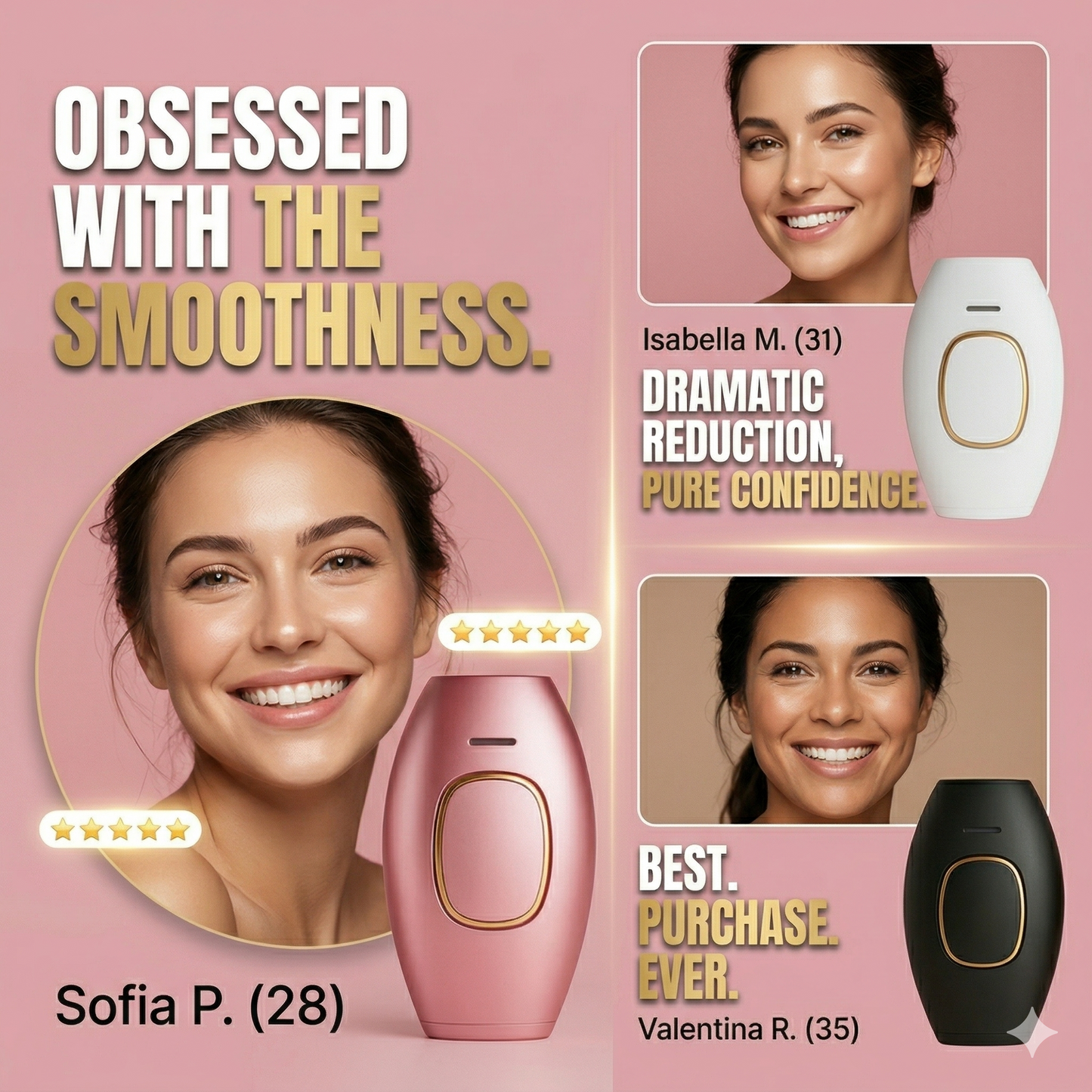 Dispositivo Luminos IPL para eliminación permanente del vello de CARAMELA BEAUTY USA en un entorno de uso doméstico