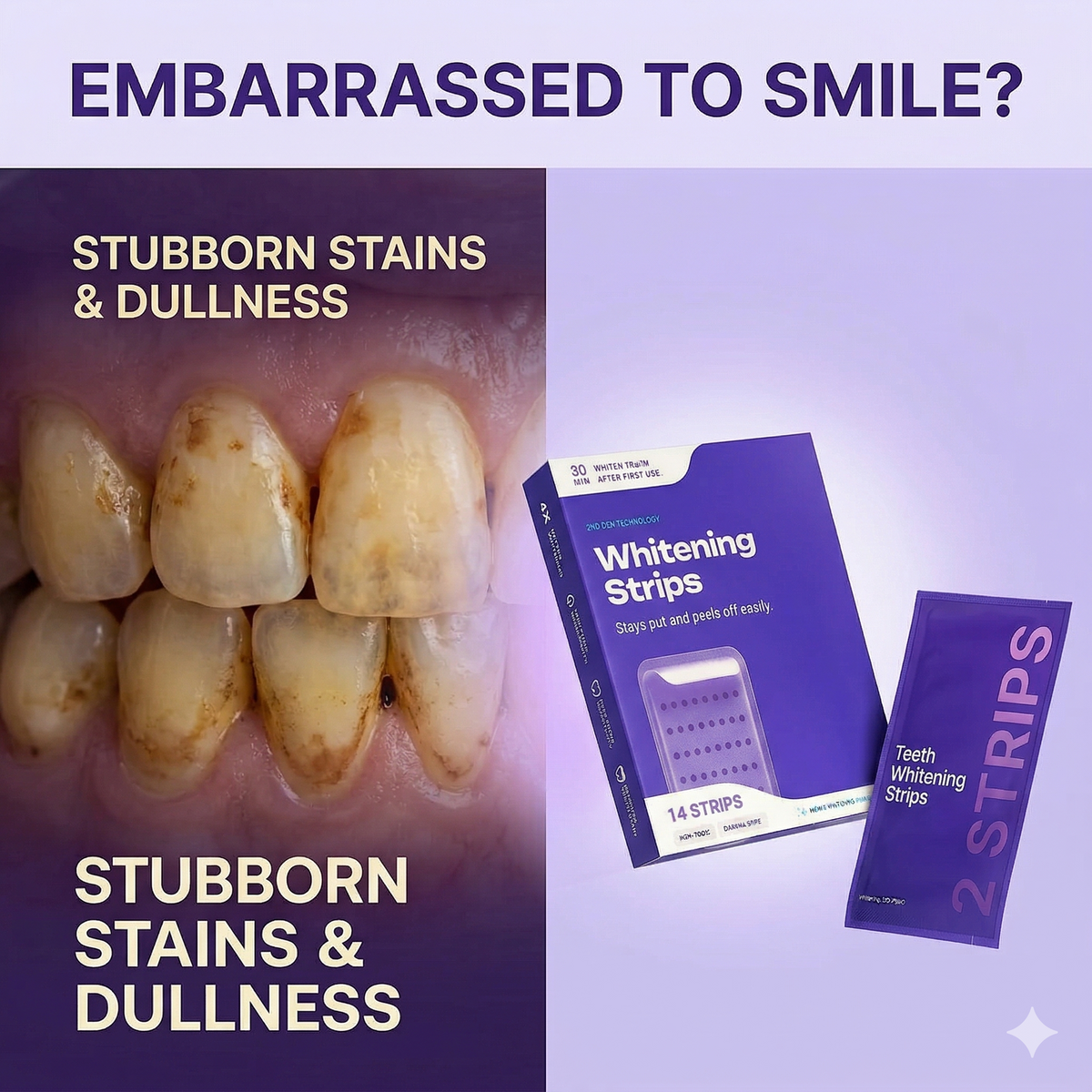 Tiras blanqueadoras CARAMELA BEAUTY USA para sonrisas más blancas en 30 minutos, mostrando las tiras en una boca sonriente.