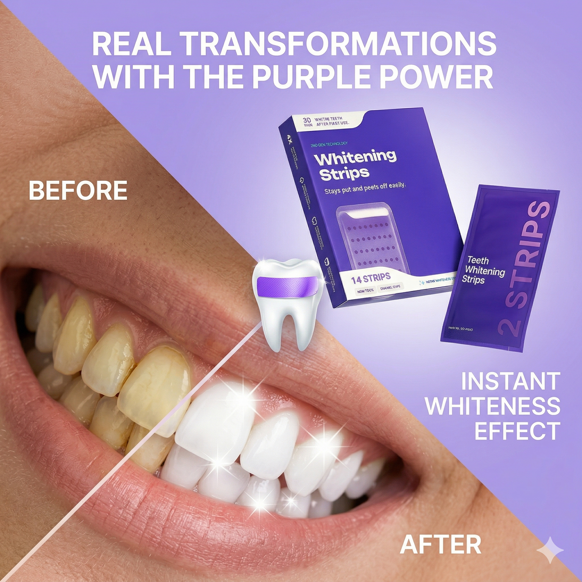 Tiras blanqueadoras para sonrisas de CARAMELA BEAUTY USA, que iluminan tu sonrisa en solo 30 minutos, visibles en la imagen.