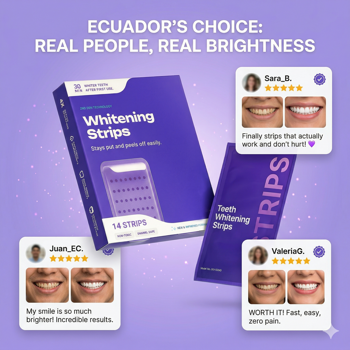 Tiras blanqueadoras para sonrisas de CARAMELA BEAUTY USA mostrando las tiras blancas colocadas en los dientes.