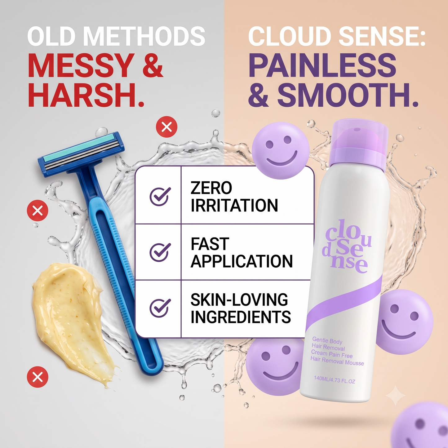 Espuma depilatoria Cloud Sense de CARAMELA BEAUTY USA para piel suave en minutos, con botella y aplicador visibles.