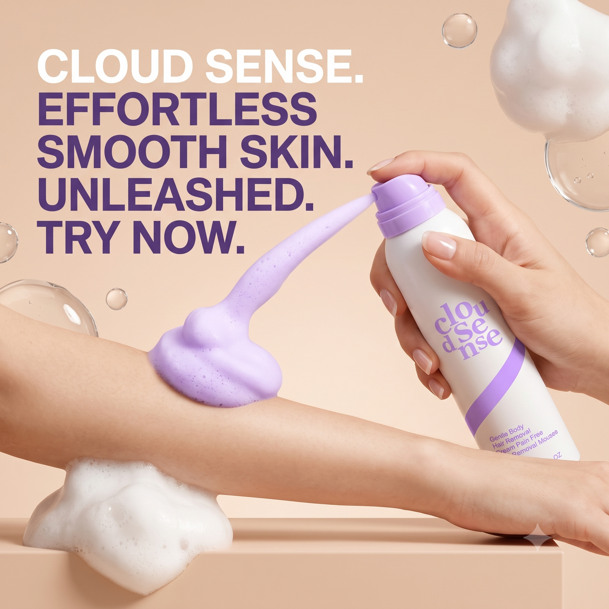 Espuma depilatoria Cloud Sense de CARAMELA BEAUTY USA para una piel suave en minutos, con envase y aplicación visible.