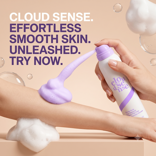 Espuma depilatoria Cloud Sense de CARAMELA BEAUTY USA para una piel suave en minutos, con envase y aplicación visible.
