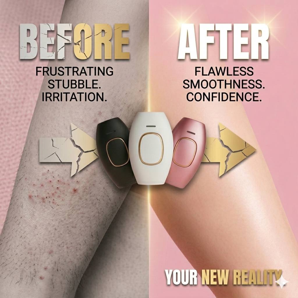 Dispositivo Luminos IPL para depilación permanente de CARAMELA BEAUTY USA, con pantalla y cabezal de tratamiento.