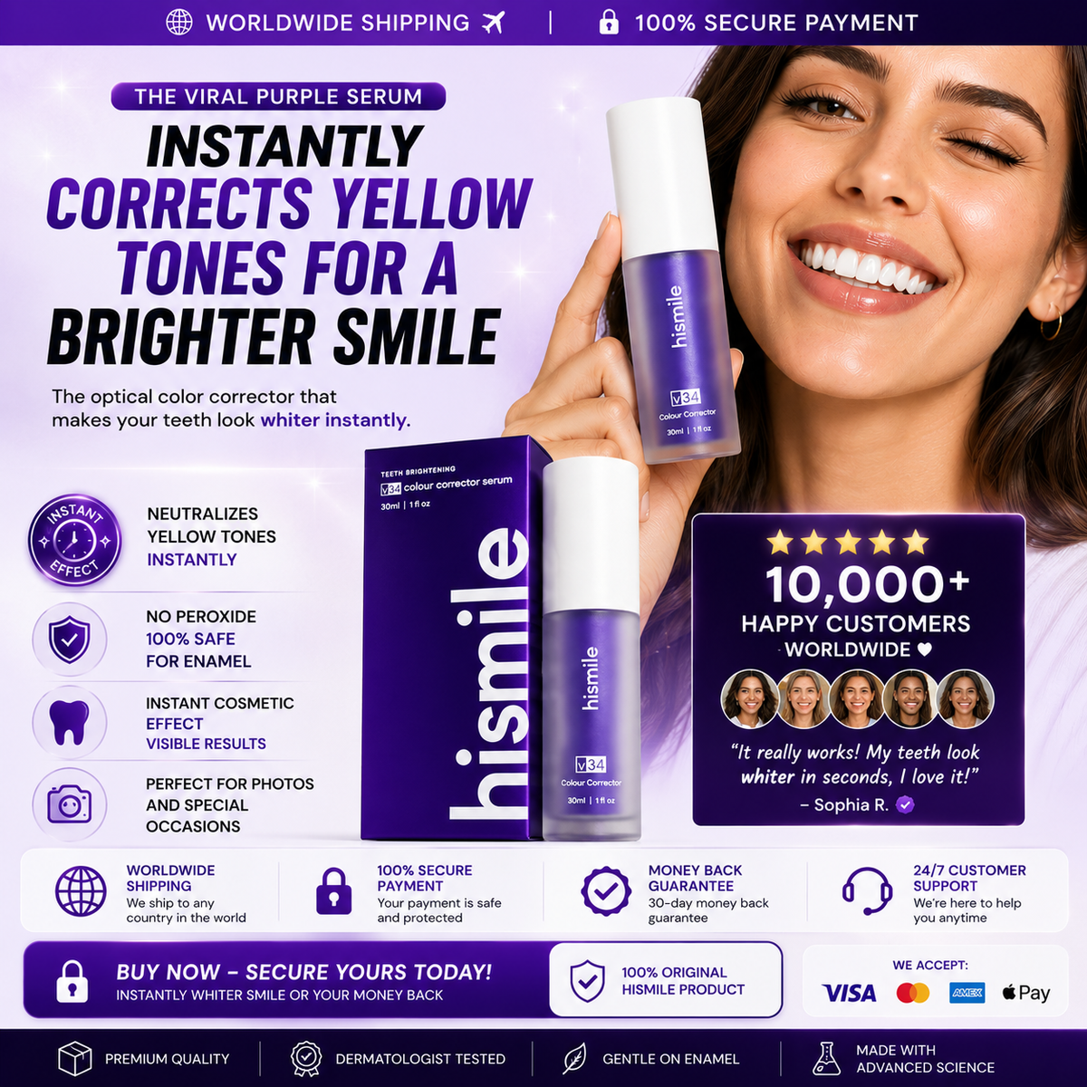 Suero corrector de color Hismile V34 de CARAMELA BEAUTY USA para una sonrisa visiblemente más brillante, en un frasco con gotero.