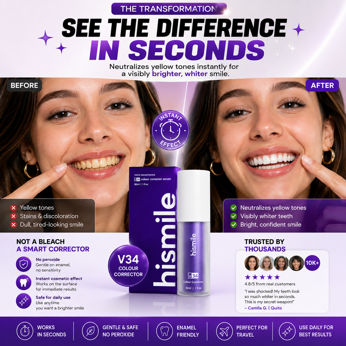 Suero corrector de color Hismile V34 de CARAMELA BEAUTY USA para un sonrisa más brillante y luminosa.