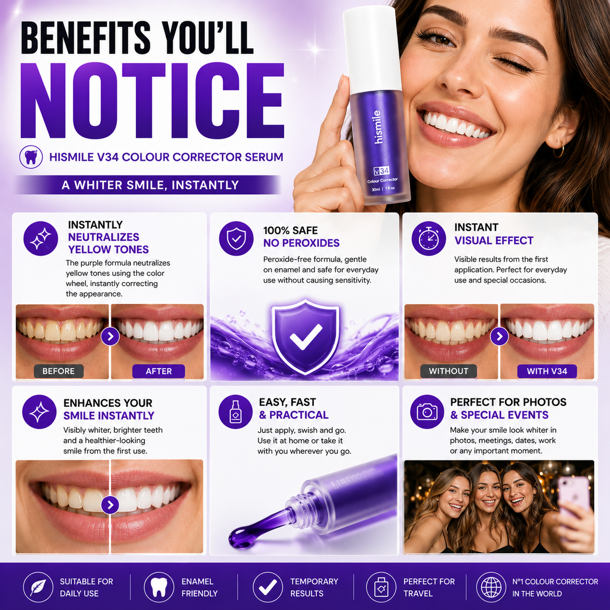 Suero corrector de color Hismile V34 de CARAMELA BEAUTY USA para una sonrisa más brillante y radiante, en un frasco con gotero.