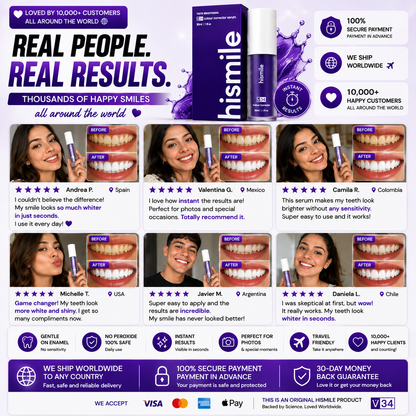 Suero corrector de color Hismile V34 de CARAMELA BEAUTY USA con envase y aplicador para un sorriso más brillante.
