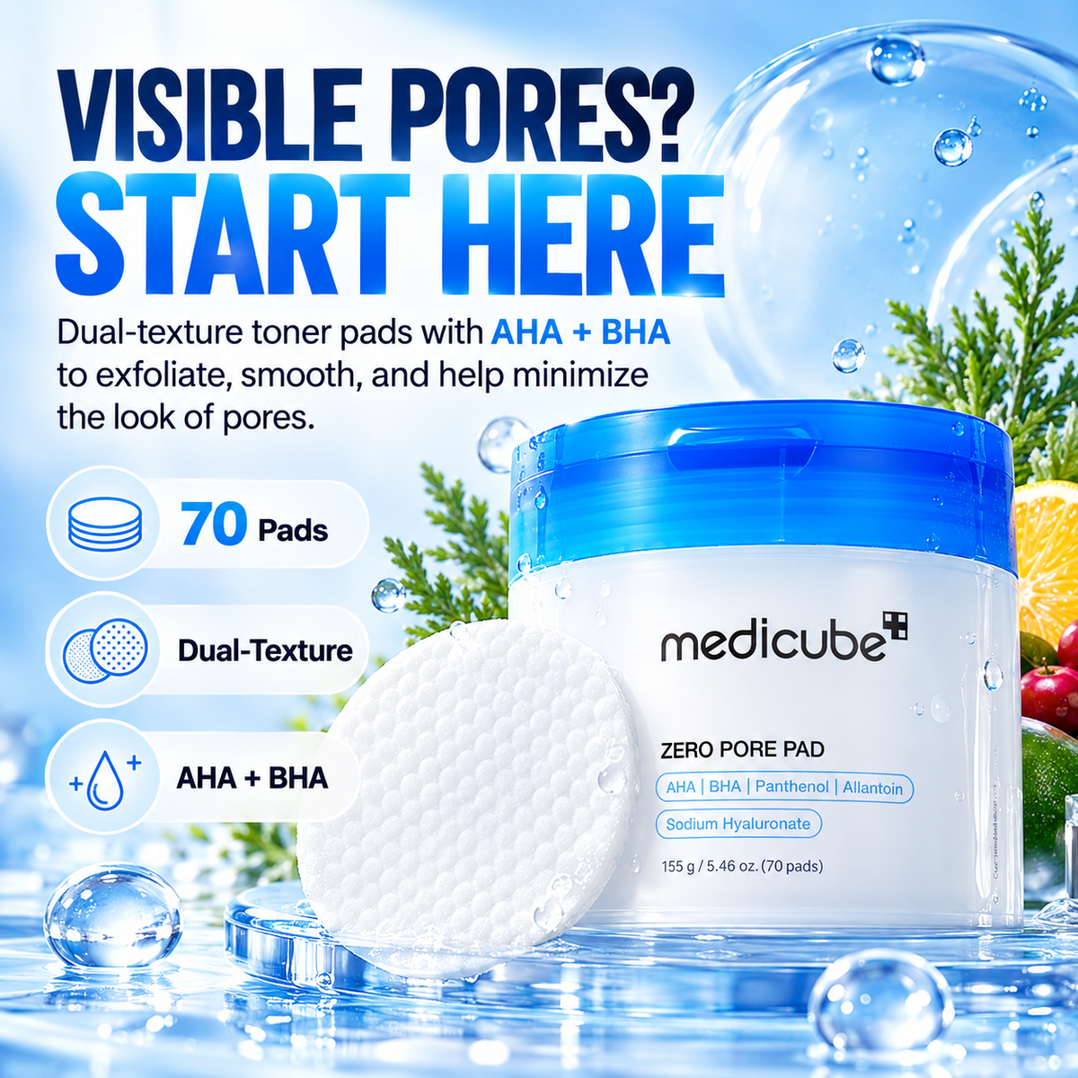 Medicube Zero Pore Pad – 70 Dual-Textured Exfoliating Toner Pads with AHA & BHA for Pores, Oily Skin & Smooth Texture
