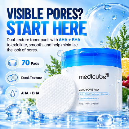 Medicube Zero Pore Pad – 70 Dual-Textured Exfoliating Toner Pads with AHA & BHA for Pores, Oily Skin & Smooth Texture