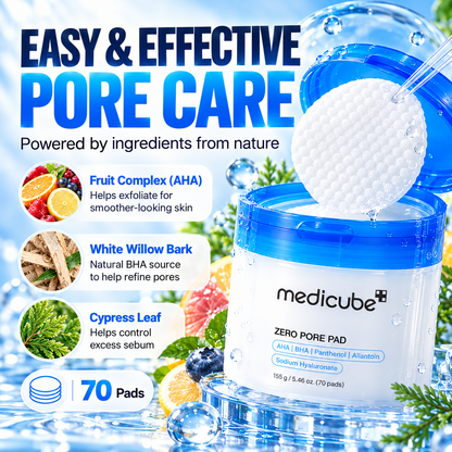 Medicube Zero Pore Pad – 70 Dual-Textured Exfoliating Toner Pads with AHA & BHA for Pores, Oily Skin & Smooth Texture