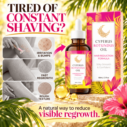 Cyperus Rotundus Oil bottle with skin care comparison graphics and product packaging