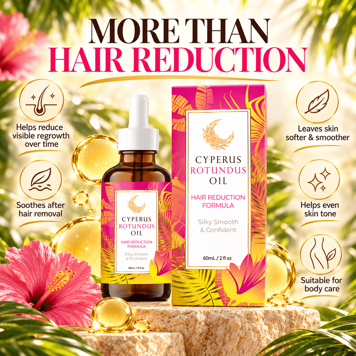 Cyperus Rotundus Oil for Natural Hair Reduction in a bottle beside its box on a textured surface.